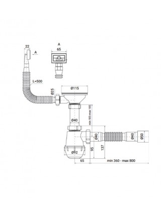 Сифон для кухні Zerix SK-02-A 3 1/2 x40 з різьбленням. випуском та гнучким прямокутним переливом ZX4952