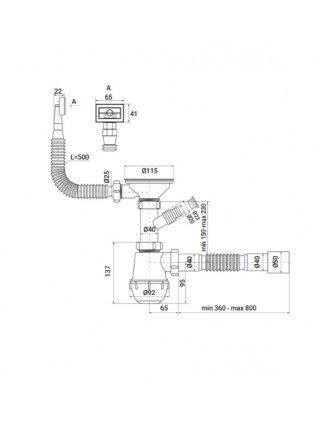Сифон для кухні Zerix SK-02-B 3 1/2 x40 з різьбленням. випуском та відведенням для пральної машини ZX4953