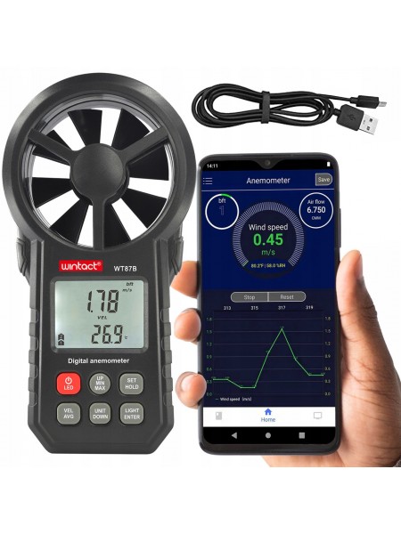 Крильчатий Анемометр USB, Bluetooth 0,3-30м/с, -10-45°C WINTACT WT87B