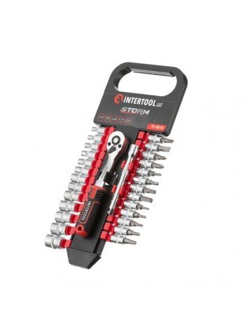 Набор головок 1/4" 4-14 мм., TORX, PH, HEX, FD, удлинитель, рукоятка с храповым механизмом 72 зуба, 28ед., Cr-V STORM INTERTOOL ET-8018