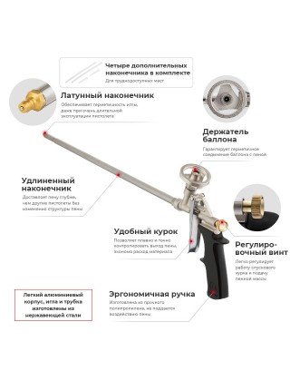 Пістолет для піни з довгим носиком 500 мм 4 насадки INTERTOOL PT-0650