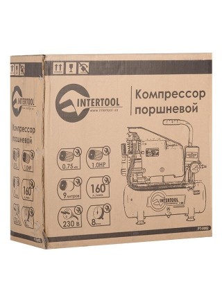 Компресор 9 л, 0.75 кВт, 220 В, 8 атм, 160 л/хв INTERTOOL PT-0002