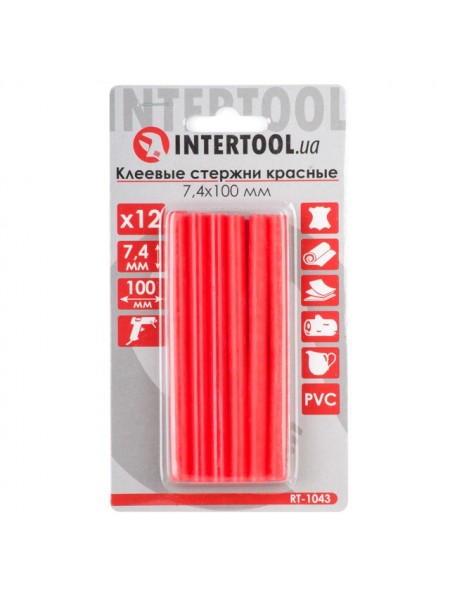 Комплект красных клеевых стержней 7.4мм*100мм, 12шт. INTERTOOL RT-1043
